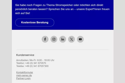Fußbereich eines Newsletters mit verschiedenen Call-to-Actions und Kontaktmöglichkeiten.